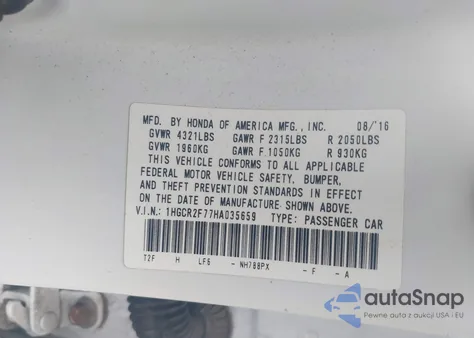 2017 Honda Accord Ex z USA, uszkodzony, nr VIN 1HGCR2F77HA035659